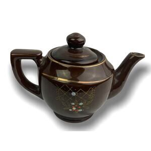 Vintage Brown Teapot Japan Redware Petite Pottery Moriage Style Enamel 4.5"h